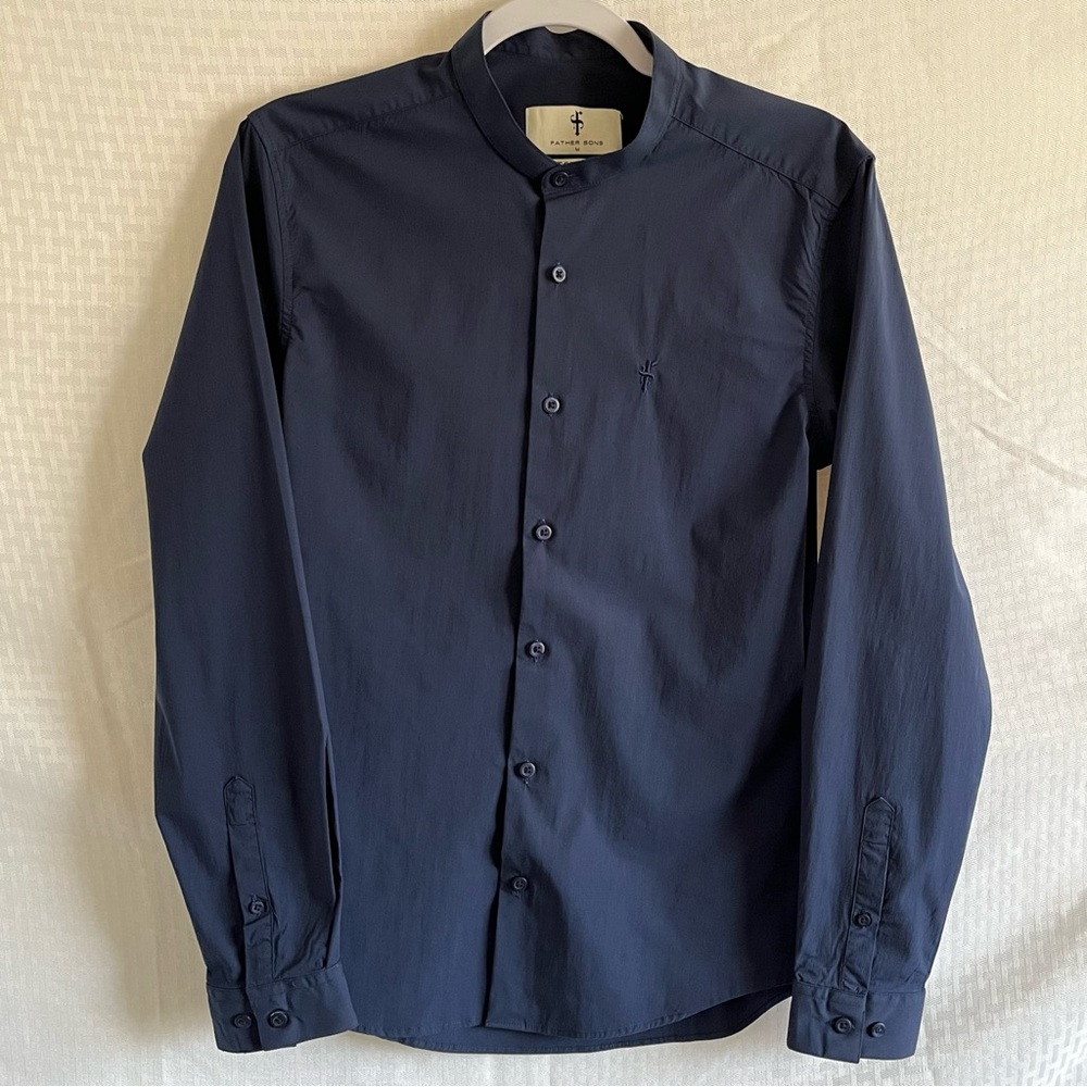 Father Sons Stretch Slim Fit Long Sleeve Button Down Shirt Navy Blue Size Medium